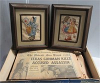 (2) Framed needle points, many vintage newspapers