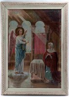ANTIQUE OIL ON CANVAS RUSSIAN ICON ANNUNCIATION