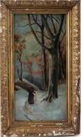 A.A. MILLS OIL CANVAS WOMAN WALKING IN SNOWY WOODS