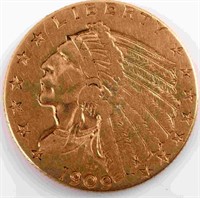 1909 GOLD $2.50 QUARTER EAGLE INDIAN GOLD COIN XF