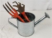 Small Galvanized Watering Can & Vintage Yard Tool