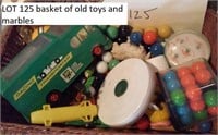 basket with old toys and marbles