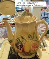 old pottery / porcelain teapot w embossed fruit mo