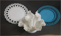 Milk glass epergne & Decorative plates (2)