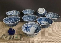 Blue bowls, 4 with oriental markings