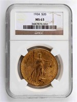 1924 ST GAUDENS $20 GOLD DOUBLE EAGLE COIN MS63