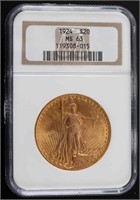 1924 ST GAUDENS GOLD $20 DOUBLE EAGLE COIN MS63