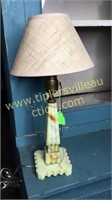 Art Deco green/brown slag glass lamp 17in