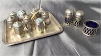 Silver plate shakers in tray and cobalt shakers