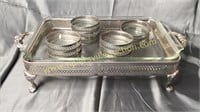 Silver plate casserole stand with etched coasters