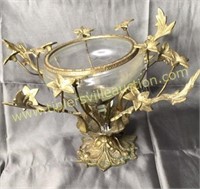 9in brass candle stand/ etched bowl
