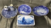 3 blue and white plates, 2 vases and vintage tin