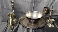 Silverplate tray with bowl, candle stands and