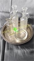 Silverplate tray with cruets and coasters