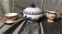 Old japan creamer, blue & white covered dish and