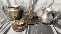Silver plate tidbit tray and 2 pitchers, misc