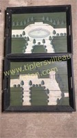 Pair of painted court yard scene wooden trays