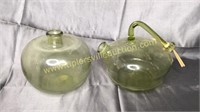 Olive green blown glass vase and jug