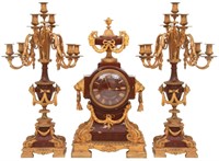 3 Piece French Marble & Bronze Clock Set