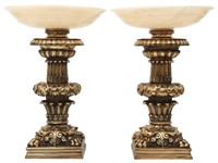 Pair Gilt Bronze Torchieres With Alabaster Shades