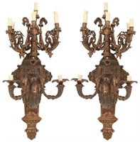 Pair of Bronze Figural 9 Light Sconces