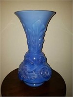Blue Opalescent Pressed Glass Tall Vase Nice