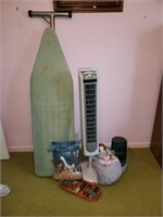 Estate lot ironing board, Holmes fan, bag holder