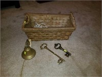 Gold Basket of Decorative Brass Keys & Brass Bell