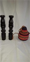 Pair of tiki wood candle holders and basket