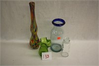 3 Glass Vases & 1 Small Apothecary Jar