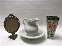 Pitcher and wash bowl, vase and frame.
