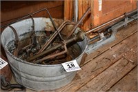 Vintage wash tub and assorted rustic tools