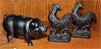 Heavy duty cast iron piggy bank & roosters set