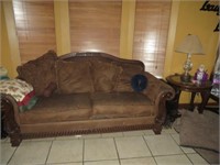 Two Beautiful Carved Wood Sofas and Cushions