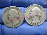 1951 & 1952 washington silver quarters(90% silver)