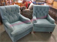 pair - vintage blue scroll back chairs