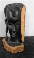 African Hardwood Carved Head w/ Bark Back 10" T