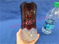"1904 hmw" red-clear souvenir pitcher -7in tall