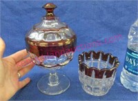 old red-clear compote w/lid & small glass