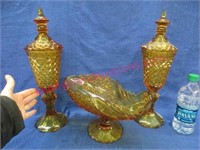 heavy amber glass urn set & center bowl