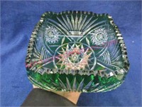 old bohemian cut glass square bowl (green)