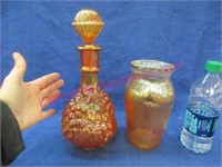 marigold carnival glass decanter & 7in vase