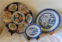 (2) Early canton plates and one imari style plate