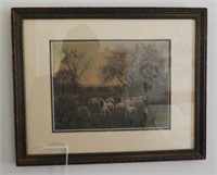 Framed lithography of sheep in pasture by