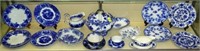 GROUPING OF ASSORTED FLOW BLUE DINNERWARE