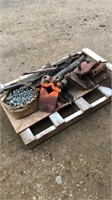 Cultivator parts, misc. iron, box of bolts.