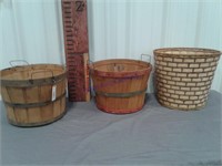Wood 1/2 bushel baskets (2), wicker basket