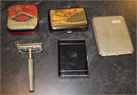 Three Cigarette Cases, vintage razor.