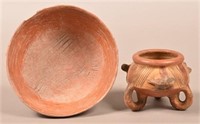 2 Precolumbian Pottery Vessels, Tripod Base Bowl,