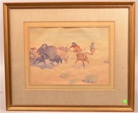 Framed Vintage Watercolor Depicting Mounted Bison